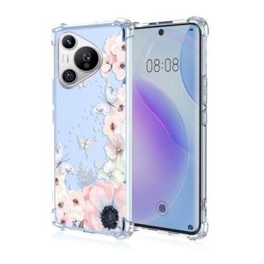 Imagem de RRXSYXL Capa para celular Huawei Pura 70 com estampa floral e borboletas transparentes, proteção à prova de choque, capa de TPU macio para Huawei Pura 70 (flores rosa/borboletas)