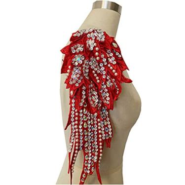 Imagem de Zbroh Aplique feito à mão, 18 cores, strass, pérola, renda, apliques costurados à mão para acessórios de roupas sociais (vermelho)