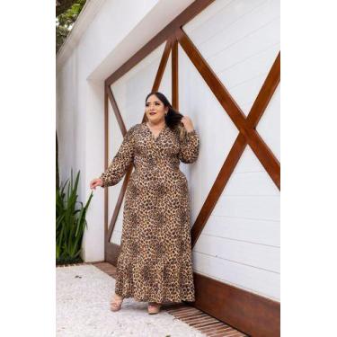 Imagem de Vestido Longo Plus Size Manga Longa Decote V Lastex Cintura - Luh May,