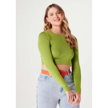 Imagem de Blusa Cropped Feminina Manga Longa Em Tricô - Hering, M, Verde