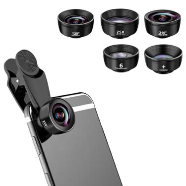 Imagem de kakotopa Kit de lentes 5 em 1 para smartphone - lente grande angular de 120°, lente olho de peixe de 210°, lente macro 25X, lente starburst, lente caleidoscópio hexagonal - compatível com