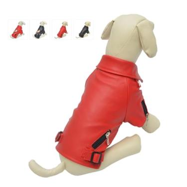 Imagem de Jaqueta de couro Cool Dog Lovelonglong para cães, casacos quentes e à prova de vento para climas frios para cães grandes, médios e pequenos, roupas Husky vermelha G-M