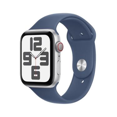Imagem de Apple Watch SE GPS + Cellular • Caixa prateada de alumínio – 44 mm • Pulseira esportiva denim – M/G