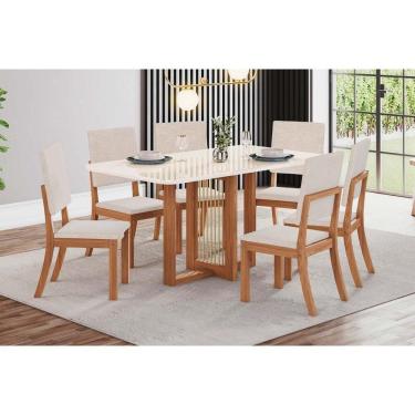 Imagem de Conjunto: Mesa Sala Jantar Natalí c/ Tampo Madeirado c/ Vidro Curvo 160x80cm e 6 Cadeiras Milla Nature/Suede Light Linho - Henn