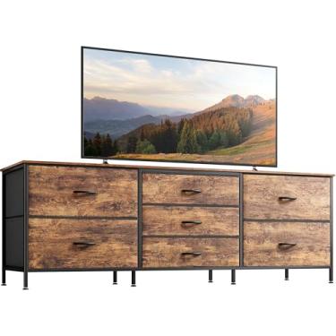 Imagem de Huuger Cômoda com 7 gavetas, suporte de TV de 163 cm para TV de 55, 60, 70 polegadas, cômoda de tecido longo, moldura de metal, cômoda de armazenamento para quarto, berçário, roupas, marrom rústico