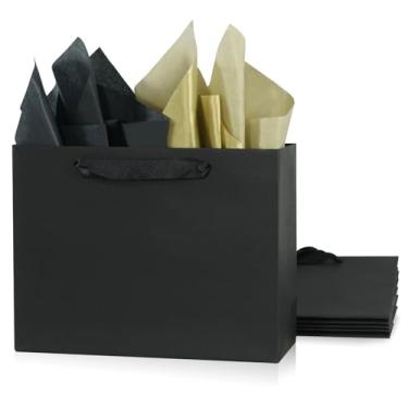 Imagem de Pacote com 6 sacos de presente pretos médios com papel de seda, sacos de papel de compras de 26,7 x 10 x 20,6 cm com alças de fita, perfeitos para embrulho de varejo, aniversários, casamentos,