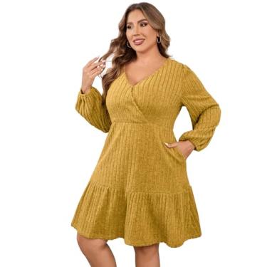 Imagem de ShopWonder Vestido suéter plus size feminino plus size A Line Wrap Sweater Dress em vestido suéter plus size outono, nº 23 amarelo, XGG