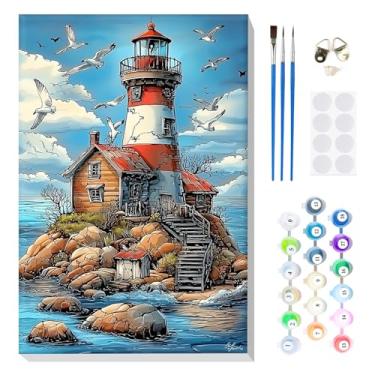 Imagem de MOGTAA Kit de pintura por números de farol para adultos iniciantes emoldurado, kits de pintura por números para adultos em tela, kits fáceis de pintar por número, kits de pintura a óleo de farol DIY