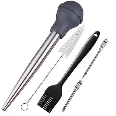 Imagem de zoyizi baster de peru, seringa de baster para cozinhar, baster de aço inoxidável com agulhas injetoras de marinada e escova para churrasco e escova de limpeza, lâmpada de silicone, conjunto