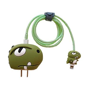 Imagem de Capa protetora de carregador de desenho animado 3D - compatível com adaptador de alimentação USB-C Apple 20W e cabo Lightning (dinossauro verde)