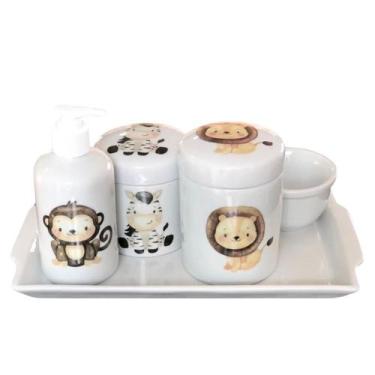 Imagem de Kit higiene bebê Safari 5 peças - Bandeja, potes, porta álcool e molha
