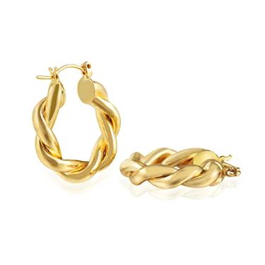 Imagem de Brincos de argola de ouro grosso para mulheres, brincos de argola de corda torcida grossa folheados a ouro 14 k leve hipoalergênico brincos de argola abertos grossos para presente feminino, Latão, Ágata