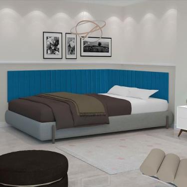 Imagem de Conjunto de Cabeceira Ripada Palito Cama casal 140 cm suspensa estofad