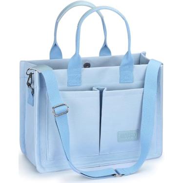Imagem de Mossio Bolsa grande de lona para mulheres com bolsos - Bolsa tiracolo para laptop para trabalho diário bolsa de ombro bolsa de mão, Azul claro