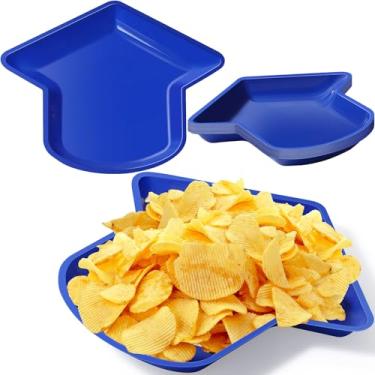 Imagem de 24 peças de placas de graduação em forma de chapéu de graduação, bandeja de lanche reutilizável, biscoitos, batatas fritas, pratos de sobremesa para decoração de festa de formatura, 28 x 24 cm (azul)