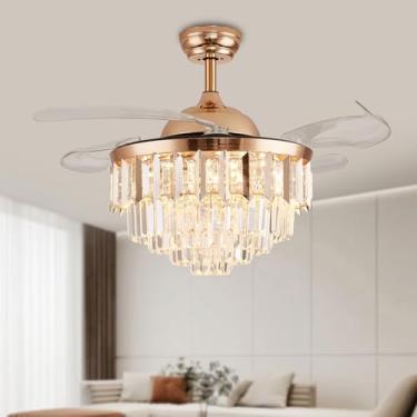 Imagem de TRSIOPFC Ventiladores De Teto De Lustre Reguláveis De 42 Polegadas, Ventilador De Teto De Cristal Fandelier Com Luzes E Controle Remoto Para Quarto, Sala De Estar, Sala De Jantar - Ouro Polido