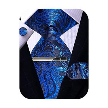 Imagem de Conjunto de abotoaduras quadradas com bolso de gravata masculina, gravata de tecido de seda com clipe de lenço ROBERTO GABBANI, Conjunto de gravata Paisley azul marinho, 8.5cm