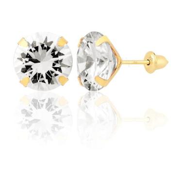 Imagem de Brinco Ouro 18k 750 Pedra 8mm Solitário Antialérgico Branco - Gift Pla