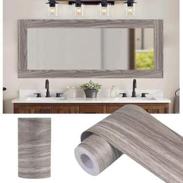 Imagem de Alened 10 m cinza grão de madeira moldura espelho moldura descascar e colar papel de parede, removível PVC impermeável banheiro espelho fita adesiva, papel de parede de cozinha autoadesivo 10 cm x 998