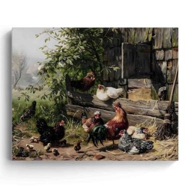 Imagem de B.B.F MAKE Arte de parede em tela Farmyard Chickens - Pintura a óleo vintage rústica impressão de pôster de animais de fazenda, decoração de parede encantadora para casa, cozinha, sala de estar