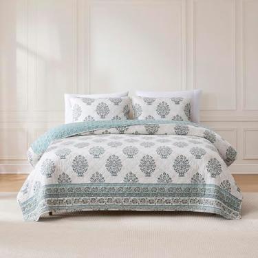 Imagem de Lush Decor Conjunto de 3 peças de colcha de algodão reversível Sofia floral/Queen azul-petróleo - colcha com estampa de blocos - Conjunto de cama floral - decoração boho moderna