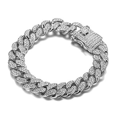 Imagem de Richhut Corrente de ouro para homens ● Cachorro grande● Corrente de elos cubanos de 14 mm de largura em tom de prata gelado de ouro branco real banhado a platina colar monofone diamantes presente para namorado marido, 8"(20cm), Metal, Diamantes estimulados em laboratório,