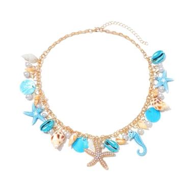 Imagem de Colar feminino de estrela-do-mar com concha, estrela-do-mar, pérola, cavalo-marinho, boêmio, grosso, gargantilha, concha, pérola, gola, gola, sereia, fantasia, joias de praia, Large, Cobre, Sem Pedra
