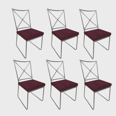 Imagem de Kit 06 Cadeiras Sala de Jantar Escritório Office Clark Industrial Ferro Prata Suede Bordô - Ahz Móveis