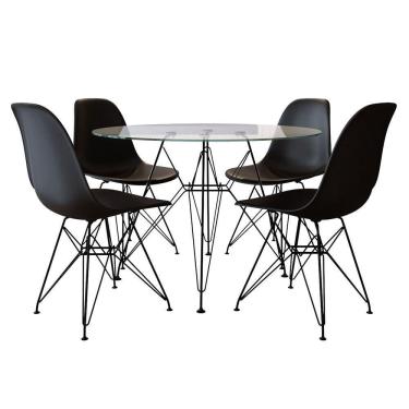 Imagem de Conjunto Mesa Jantar Eames Eiffel 90Cm Redonda Vidro Com 4 Cadeiras Pretas Base Ferro Preto