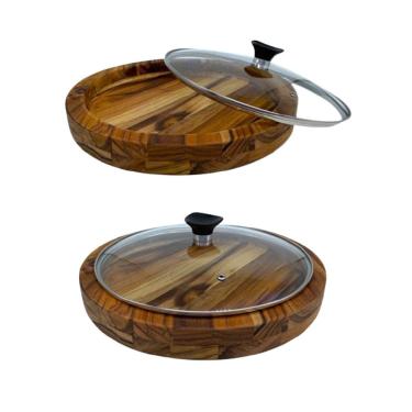 Imagem de Kit 2 Gamela De Madeira Churrasco Redonda Com Tampa De Vidro