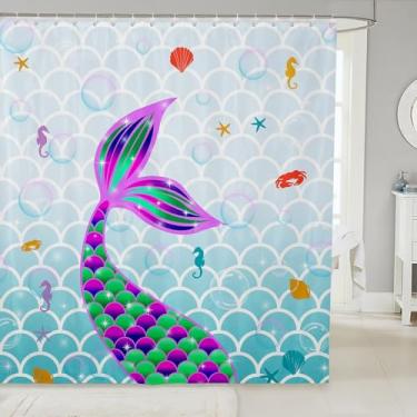 Imagem de Feelyou Cortina de chuveiro sereia para decoração de banheiro 182,88 cm x 182,88 cm cortina de banho infantil vida oceânica animal marinho para barracas banheiras para meninos meninas adolescentes