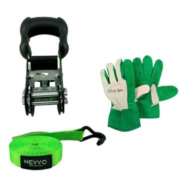 Imagem de Kit Cinta Catraca Para Amarração De Carga Gancho J 4 Metros 1500Kg + Luva de Raspa Vaqueta Cano Curto Multiuso NEVVO
