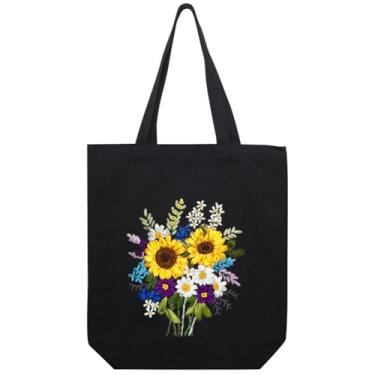 Imagem de YANGSHINE Bolsa de lona kit de bordado para iniciantes, artes e kits de artesanato DIY com padrão para adultos, inclui estampa de flores estampadas, argola, fios coloridos e ferramentas (bolsa preta,