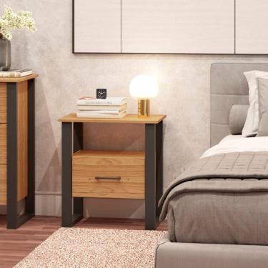 Imagem de Mesa de Cabeceira 60cm 1 Gaveta Industrial Pradel Móveis Freijó/Preto Fosco