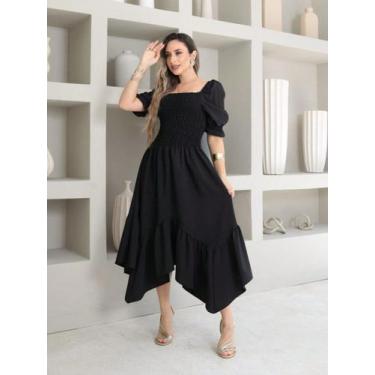 Imagem de Vestido midi de ponta liso crepinho lastex  Manga Curto - NoBrand, Pre