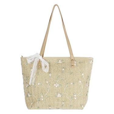Imagem de Goclothod Bolsa de mão fashion feminina de palha de tecido bolsa de verão praia sacola, Flor bordada--cáqui, One Size