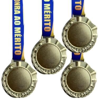Imagem de Kit 50 Medalhas Honra ao Mérito para premiação Esportiva, Medalha Redonda Brilhante 60mm, com Cordão Tecido Personalizado (Dourado)