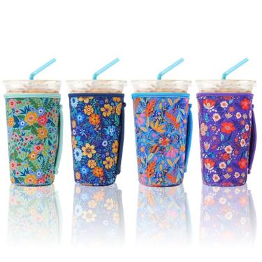 Imagem de KJQJLY 4 Pack Iced Coffee Sleeve,reusable Neoprene Cup Sleeves Suitable For Beverage Sleeves For Hot And Cold Coffee Or Ice Drink Coffee cup sleeve for Starbucks coffee cup (Floral, 22-24OZ)
