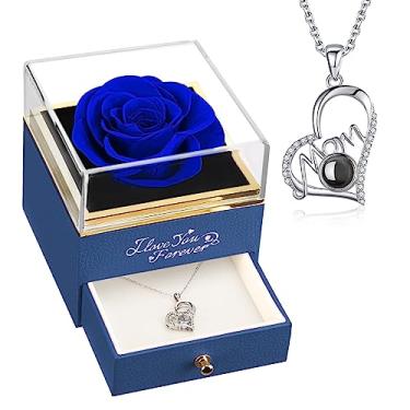Imagem de NEWNOVE Conjunto de presentes de rosa azul preservada, presentes de flores eternas para mãe da filha e filho, presentes para mulheres, Valentiens Dia das Mães Ideias de presente de aniversário para a mãe