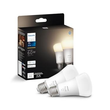 Imagem de Philips Hue Lâmpada inteligente de LED A19 branca, compatível com Bluetooth e Zigbee (Hue Hub opcional), funciona com Alexa e Google Assistant, 2 lâmpadas