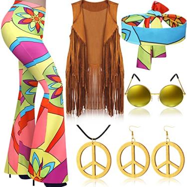Imagem de Haull Conjunto de 7 peças de roupas femininas hippie discoteca dos anos 60, 70, conjunto de fantasia de Halloween, calça rodada, colete com franja, sinal de paz, Multicor, Large