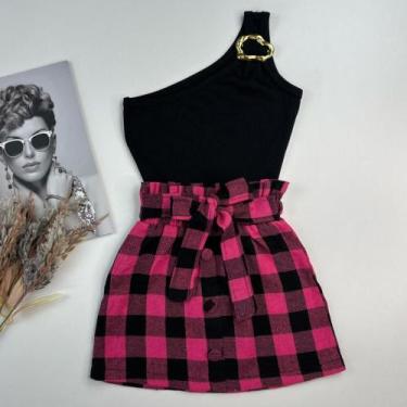 Imagem de Conjuntinho Infantil Roupa Festa Junina Blusa Mula Manca E Saia Xadrez