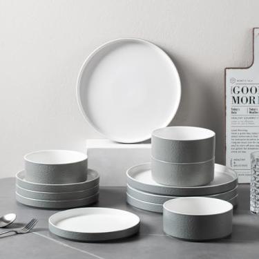 Imagem de Conjunto de louça de porcelana para 4, conjunto de pratos e tigelas de 12 peças para 4, utensílios de jantar de grés moderno, resistente a arranhões, seguro para micro-ondas e lava-louças (cinza)