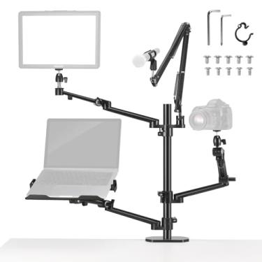 Imagem de NEEWER Suporte para câmera aérea, suporte de mesa com 4 braços de lança para fotografia e vídeo, anel de luz, suporte de luz, webcam, microfone DSLR compacto para transmissão ao vivo, reunião de