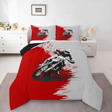 Imagem de Feelyou Conjunto de edredom infantil vermelho para esportes radicais, corrida de motocross, motociclista, edredom para adolescentes, 2 peças