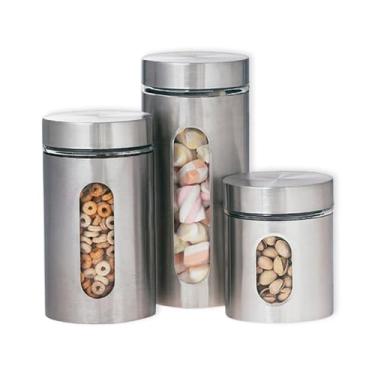 Imagem de Conjunto de 3 Potes para Mantimentos em Vidro e Aço Inox, Tampa com Rosca, 635ml/940ml/1750ml, com Visor