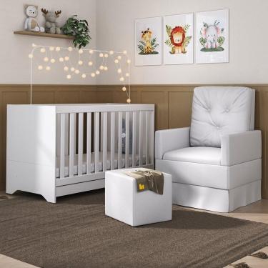 Imagem de Berço 3X1 Com Colchão Incluso Poltrona De Amamentação E Puff Elza Multimóveis Mp4106 Branco Branco