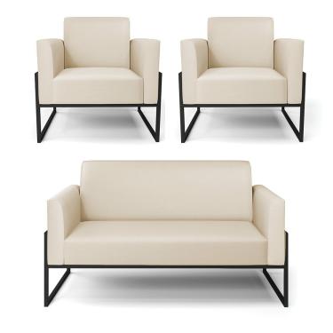 Imagem de Sofá Namoradeira Com 2 Poltronas Base Industrial Alta Preto Marisa Corino Bege D03 - D\'rossi
