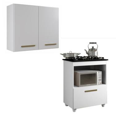 Imagem de Conjunto Armário Aéreo De Cozinha 2 Portas E Balcão Para Cooktop 5 Bocas 1 Porta 1 Nicho Branco
