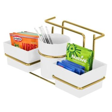 Imagem de Suporte Porta Guardanapo Sachês Açúcar Chá Mexedor Adoçante Branco Dou